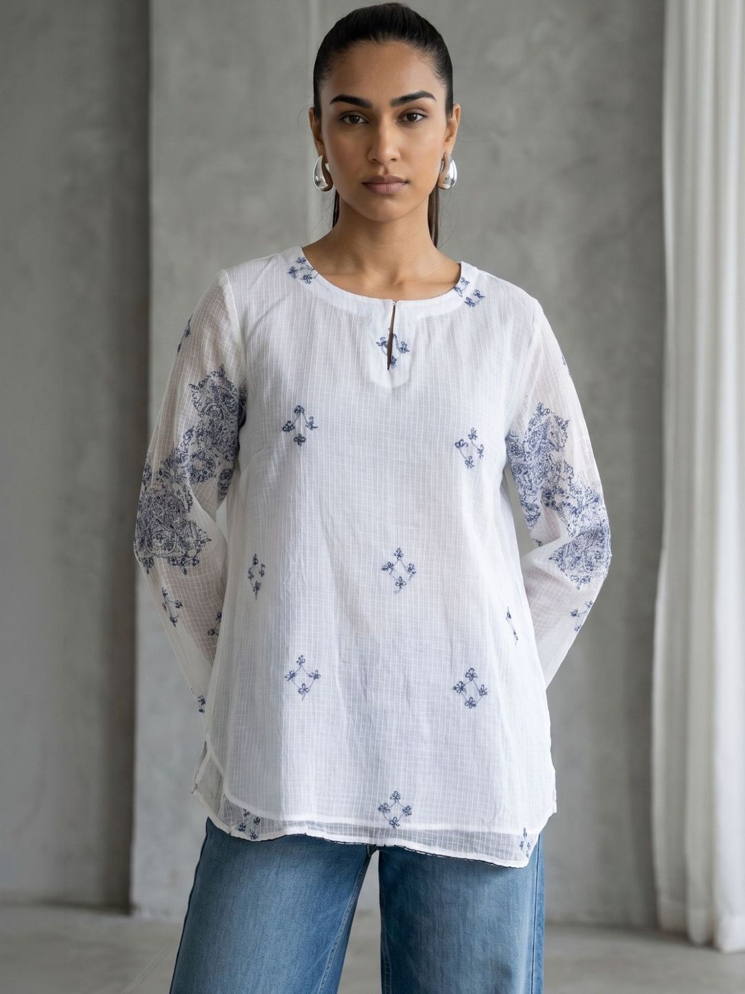 Folk Song Embellished Embroidered Keyhole Neck Top-picture-34