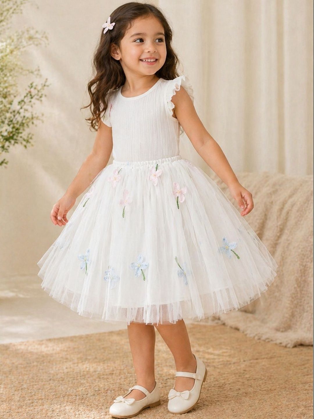NEUDIS Girls Net Embellished Frills Bows and Ruffles Knee Length Flared Skirt-picture-16