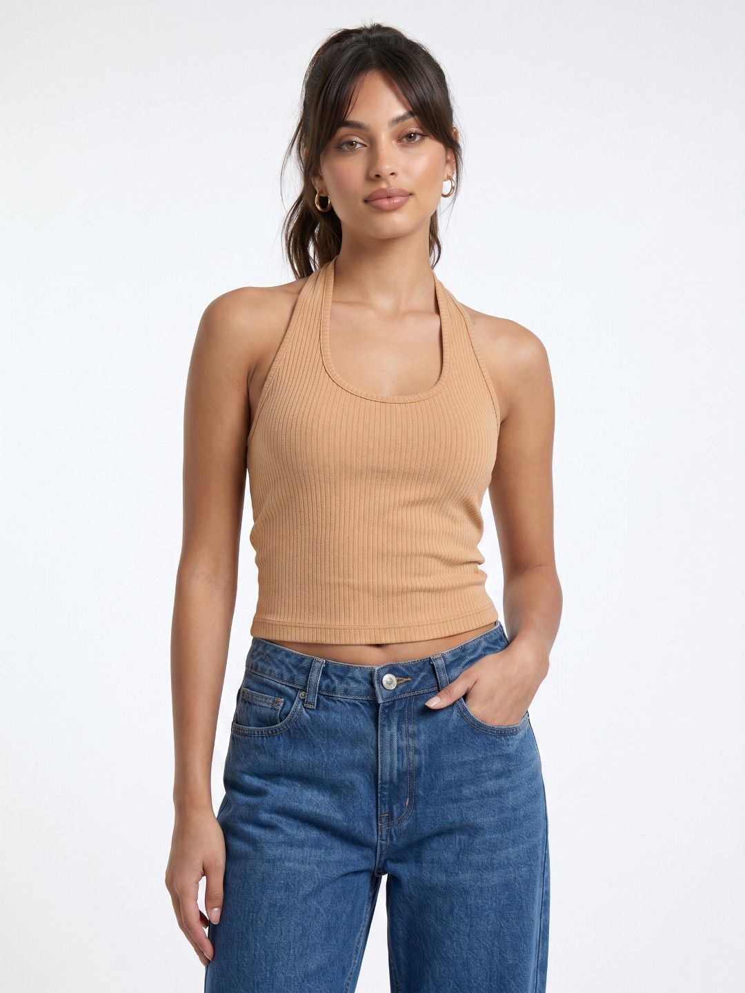 glitchez Brown Ribbed Halter Neck Fitted Top-picture-32