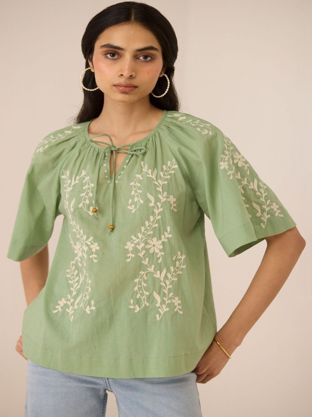Calling June Floral Embroidered Tie-Up Neck Ethnic Cotton Top-picture-46