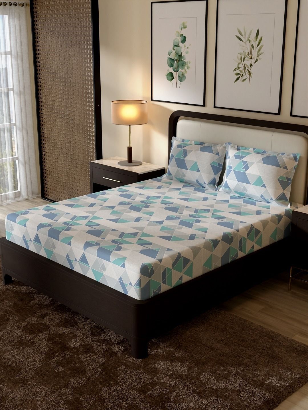 Portico New York Signature White Geometric 104 TC Bedsheet with 2 Pillow Covers