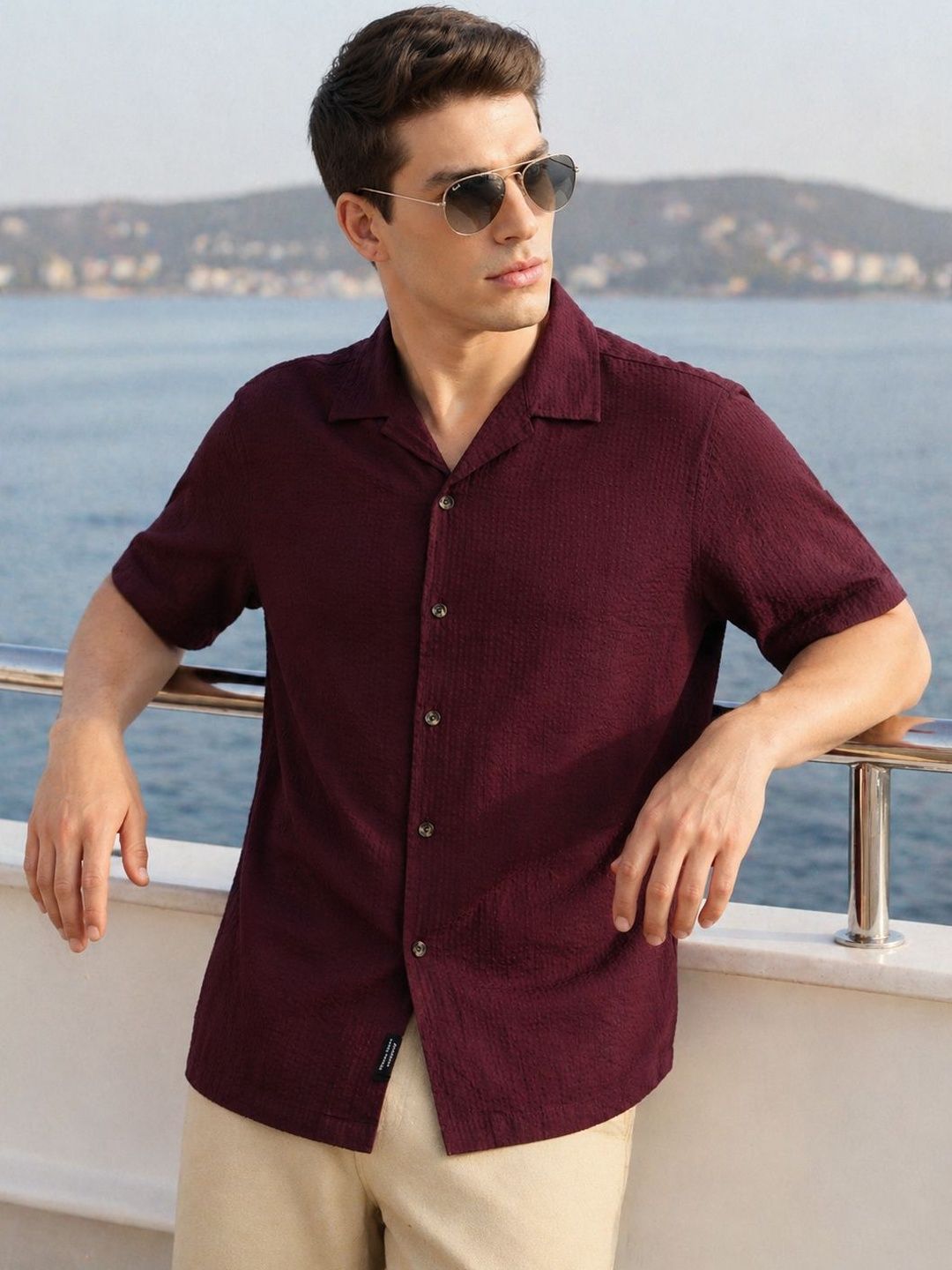Thomas Scott Men Oversized Fit Short Sleeves Cuban Collar Cotton Seersucker Shirt-picture-58