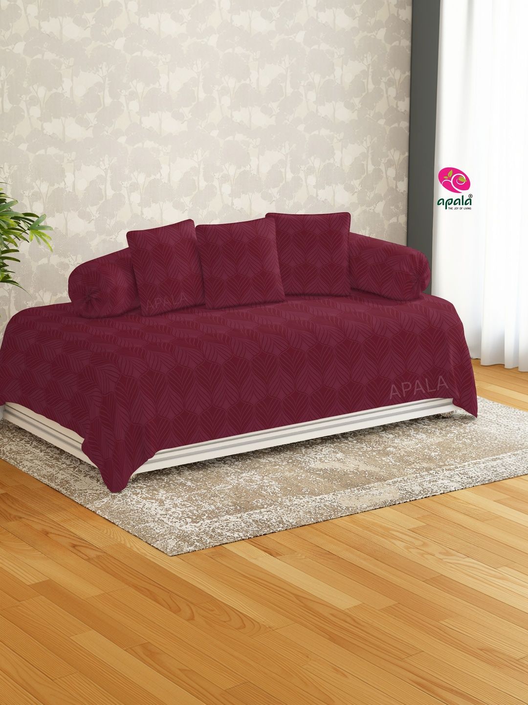 Apala Set Of 6 Maroon Self Design Microfiber Diwan Set-image-13