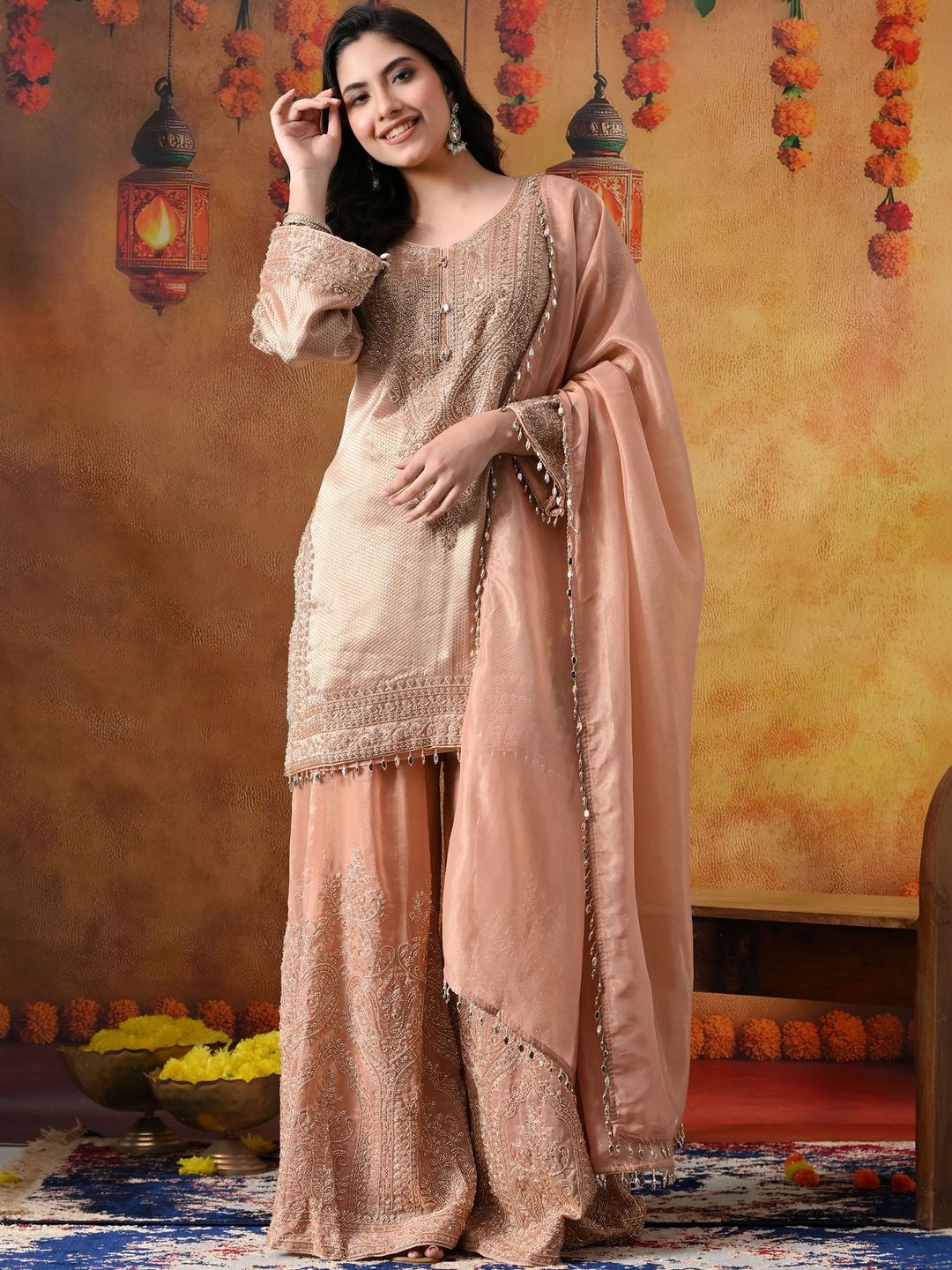 ZARIKALI Women Ethnic Motifs Regular Thread Work Kurta with Sharara & With Dupatta-image-23