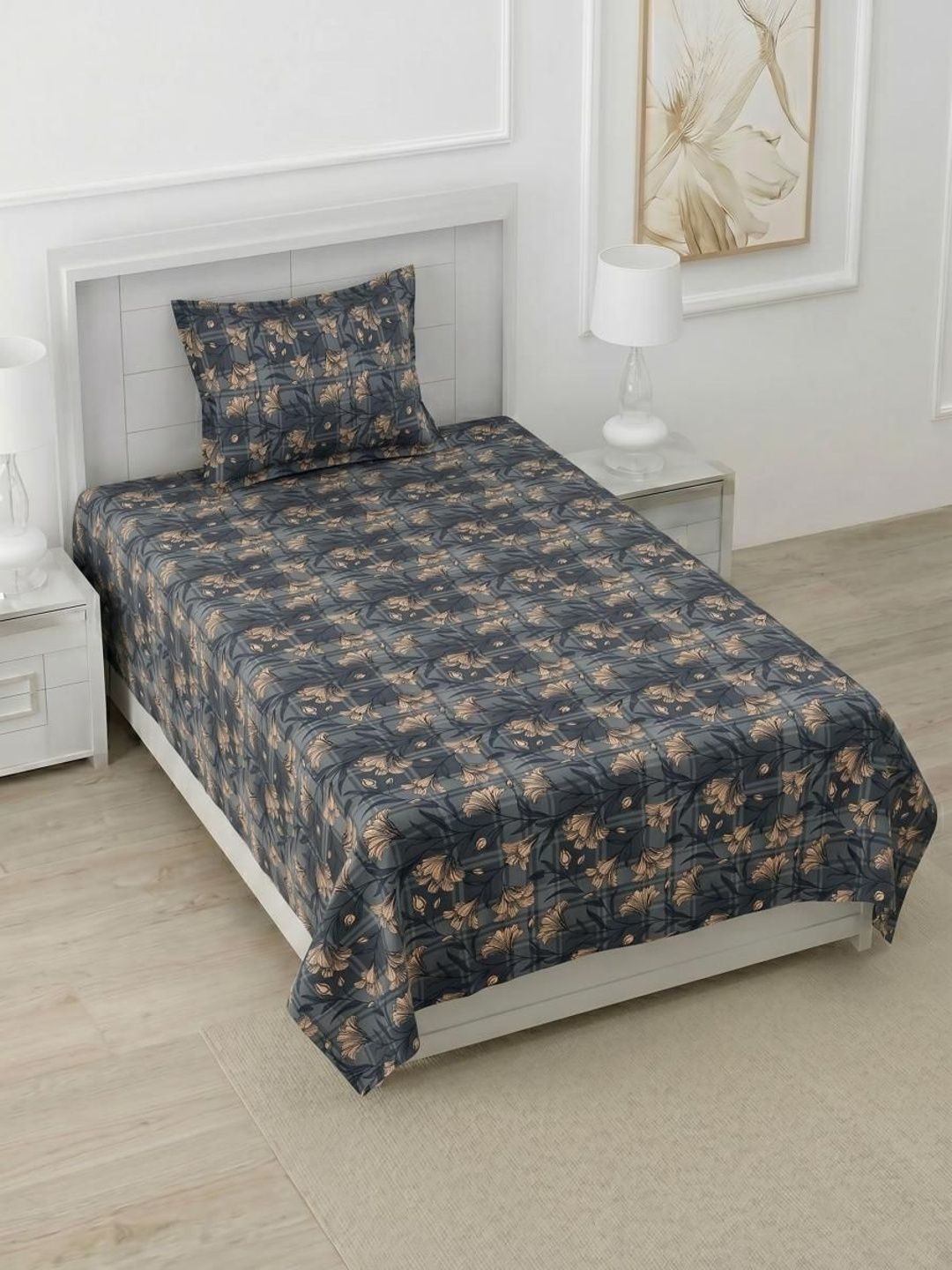 MAFATLAL Blue Floral Single Bedsheet with 1 Pillow Covers-picture-38