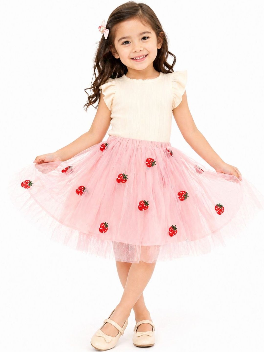 YK Girls Net Embellished Frills Bows and Ruffles Above Knee Flared Skirt-image-30