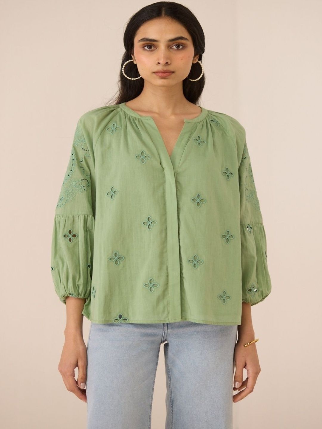 Calling June Floral Embroidered Bishop Sleeves Cotton Top-picture-57