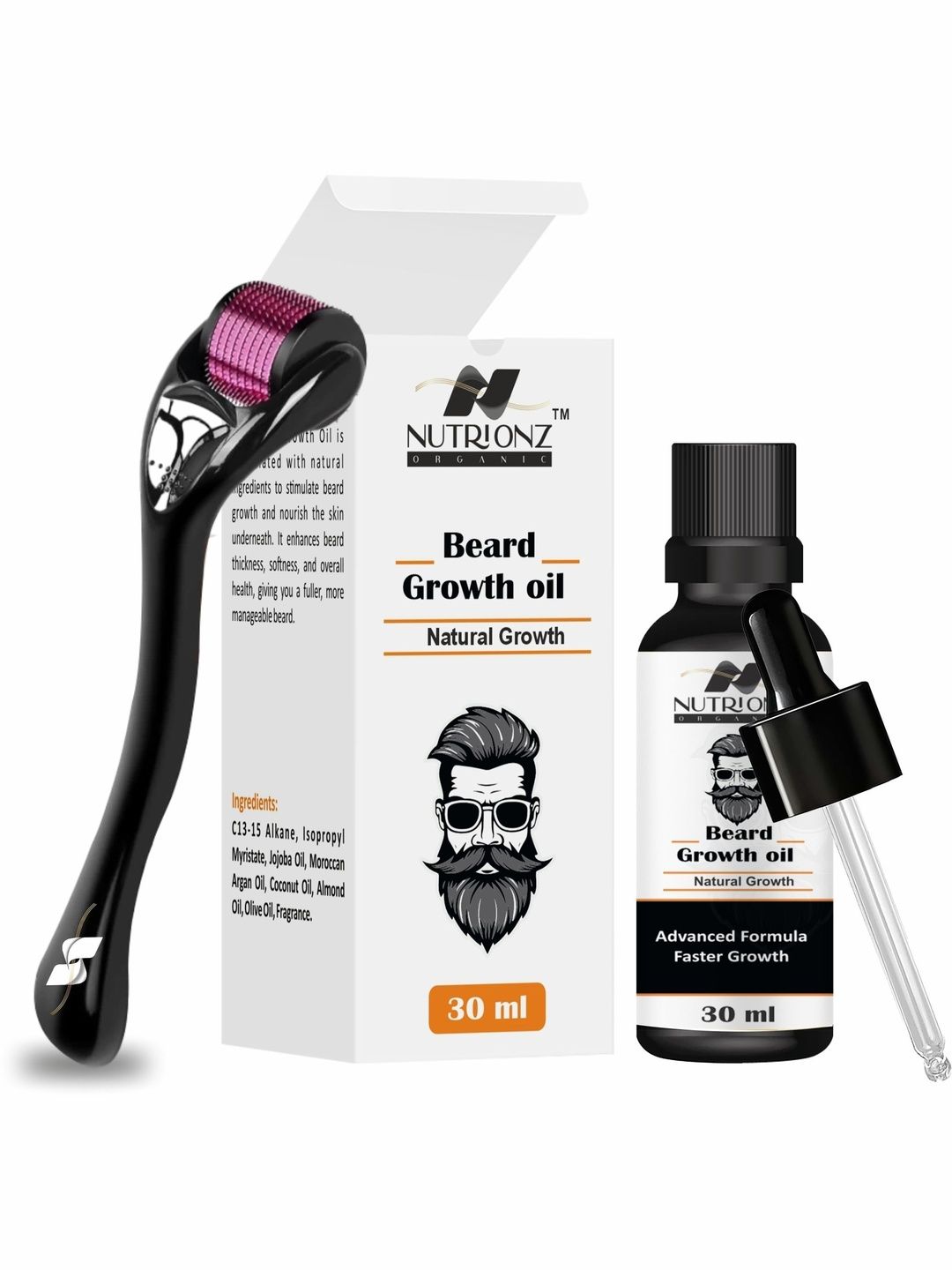 NUTRIONZ ORGANIC Set Of 2 Beard Oil Growth - 30ml With Derma Rollar