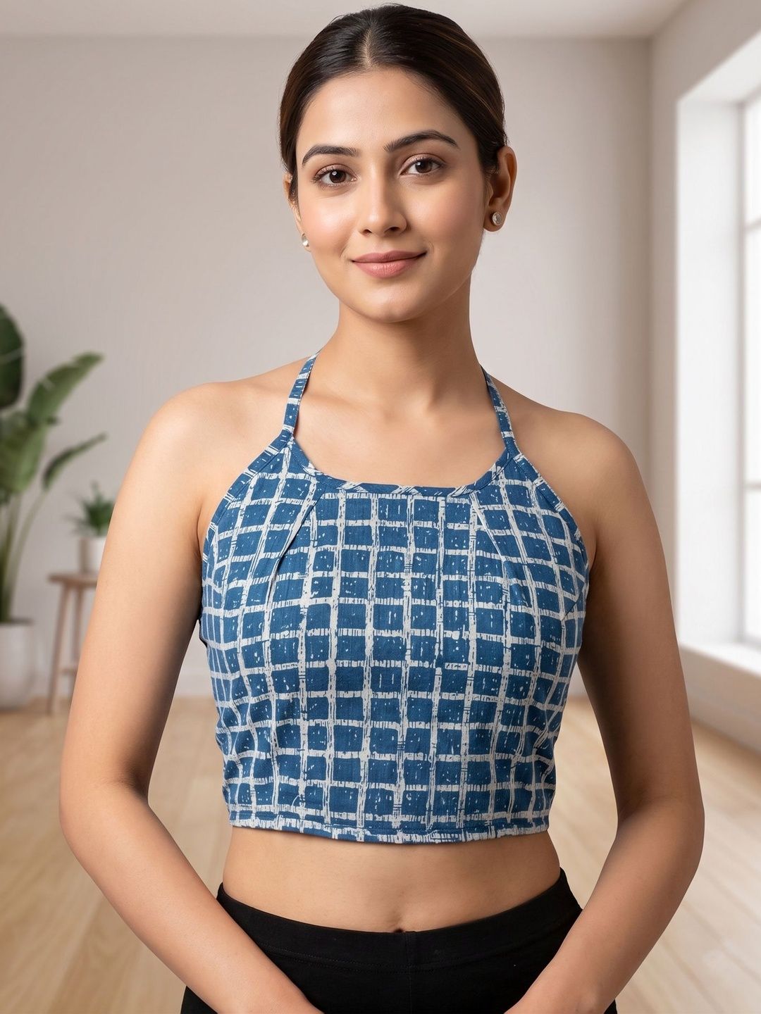 YASH GALLERY Checked Halter Neck Cotton Crop Top-picture-48