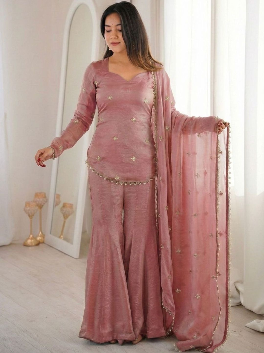 Flossy Women Ethnic Motifs Embroidered Regular Thread Work Kurta with Sharara & With Dupatta-picture-32