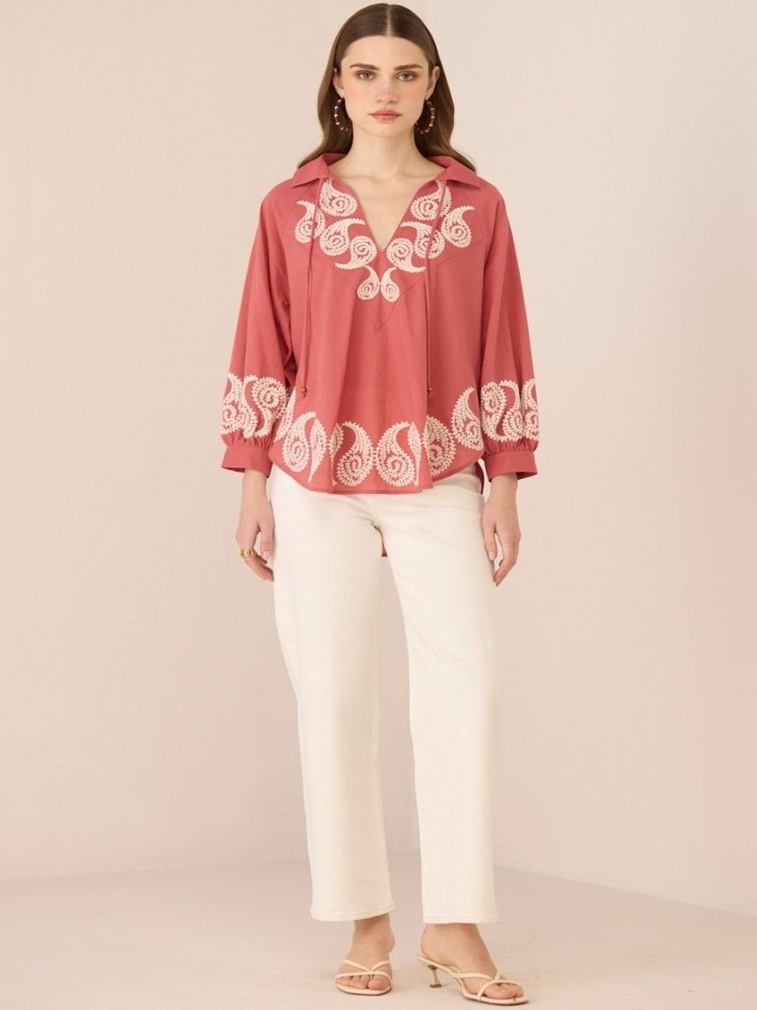 Calling June Embroidered Tie-Up Neck Bohemian Cotton Top-picture-16