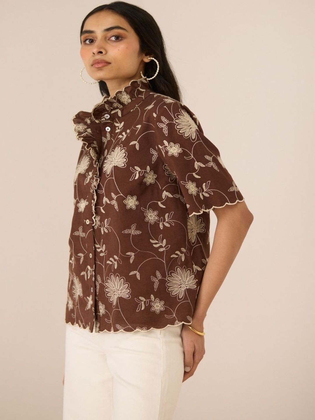 Calling June Floral Embroidered Ruffles Cotton Top-image-10