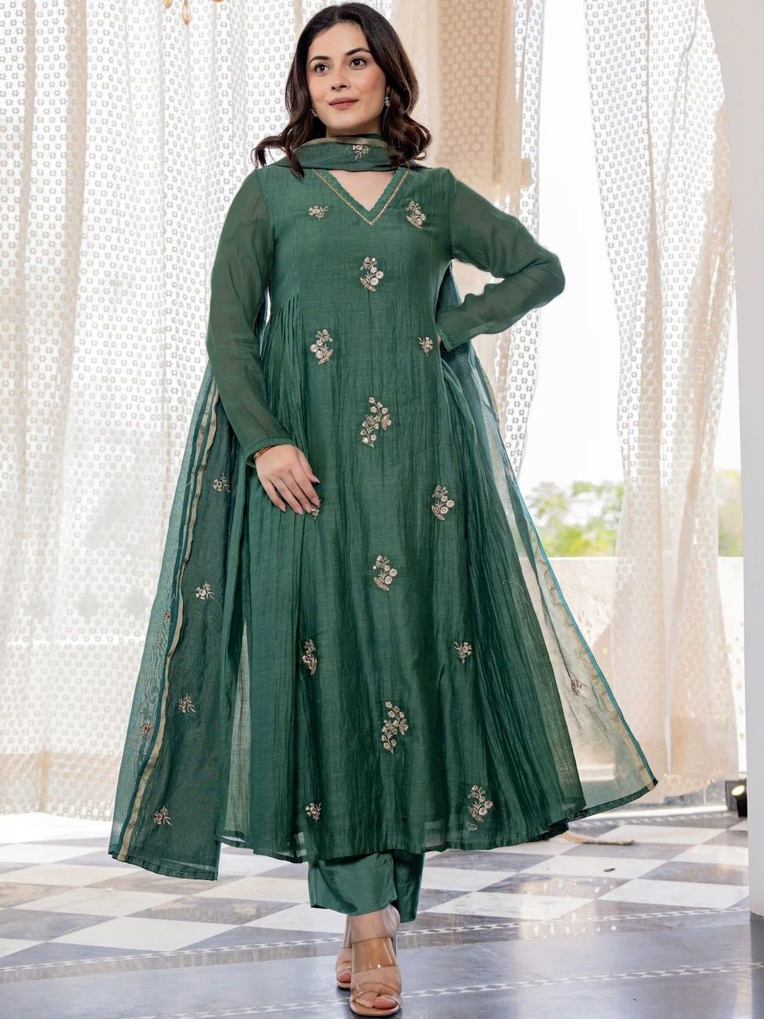 KALINI Women Ethnic Motifs Embroidered Empire Thread Work Kurta with Trousers & With Dupatta-picture-23