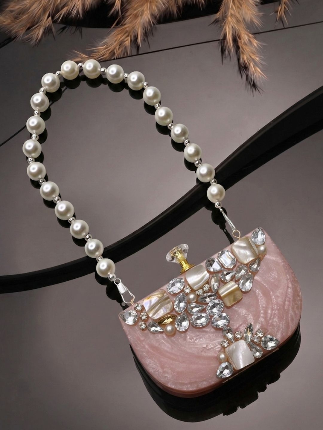 Anekaant Marble Muse Rose Pink, Ivory & Crystal Resin Abstract Embellished Clutch-picture-33