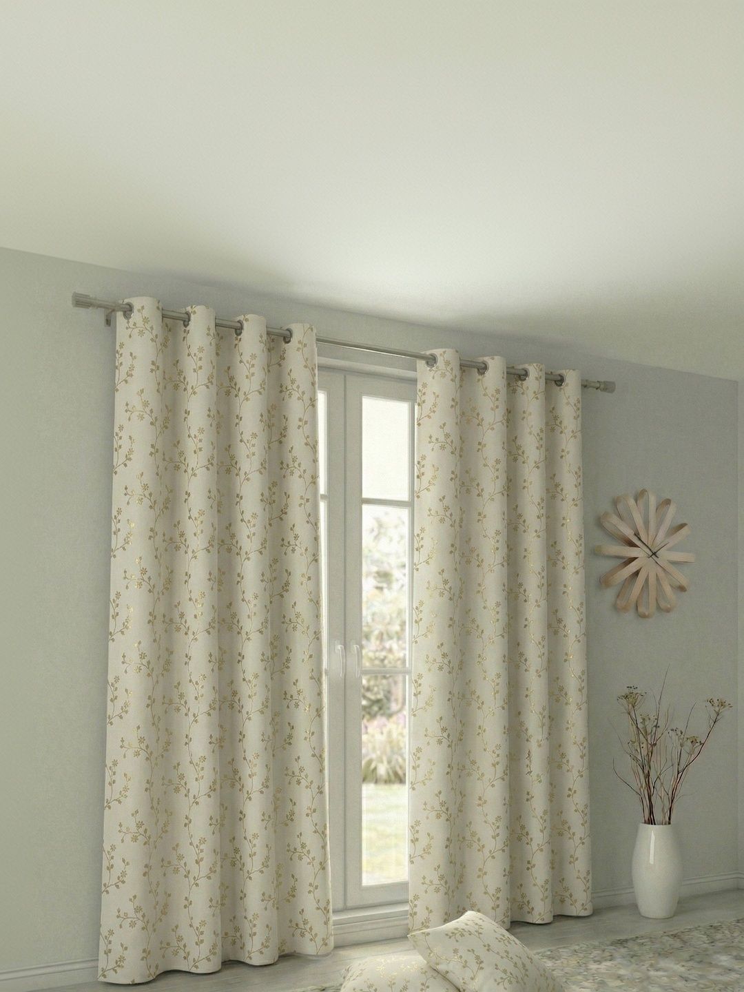 Home Spark Off White Set of 2 Floral Room Darkening Long Door Curtain