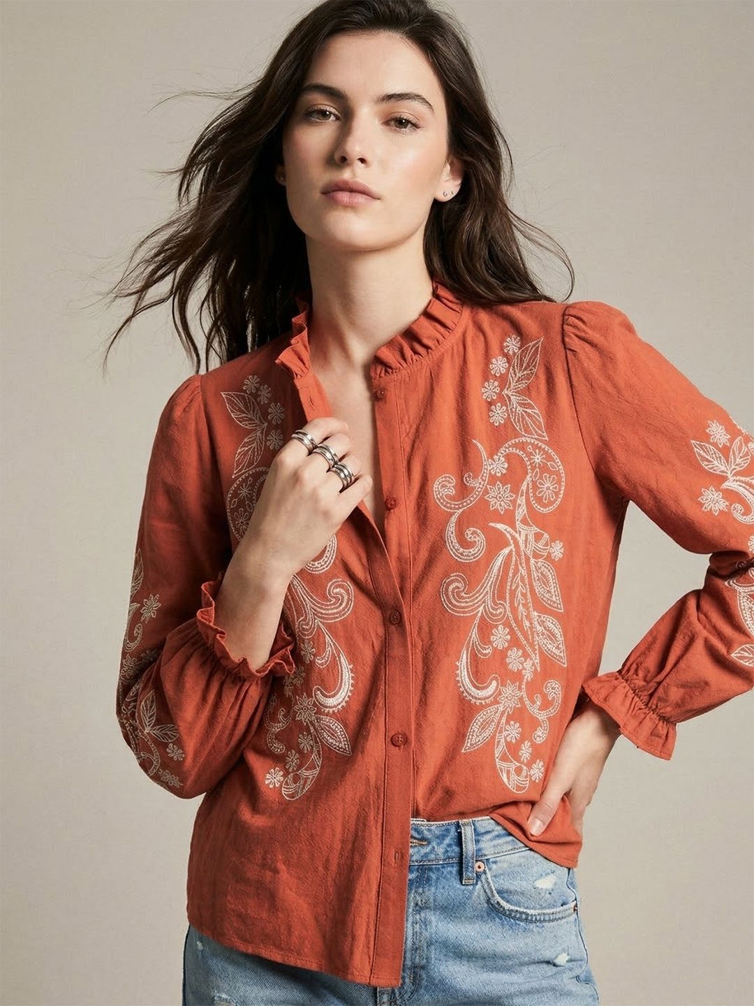Rust Ethnic Motifs Embroidered High Neck Top-image-24