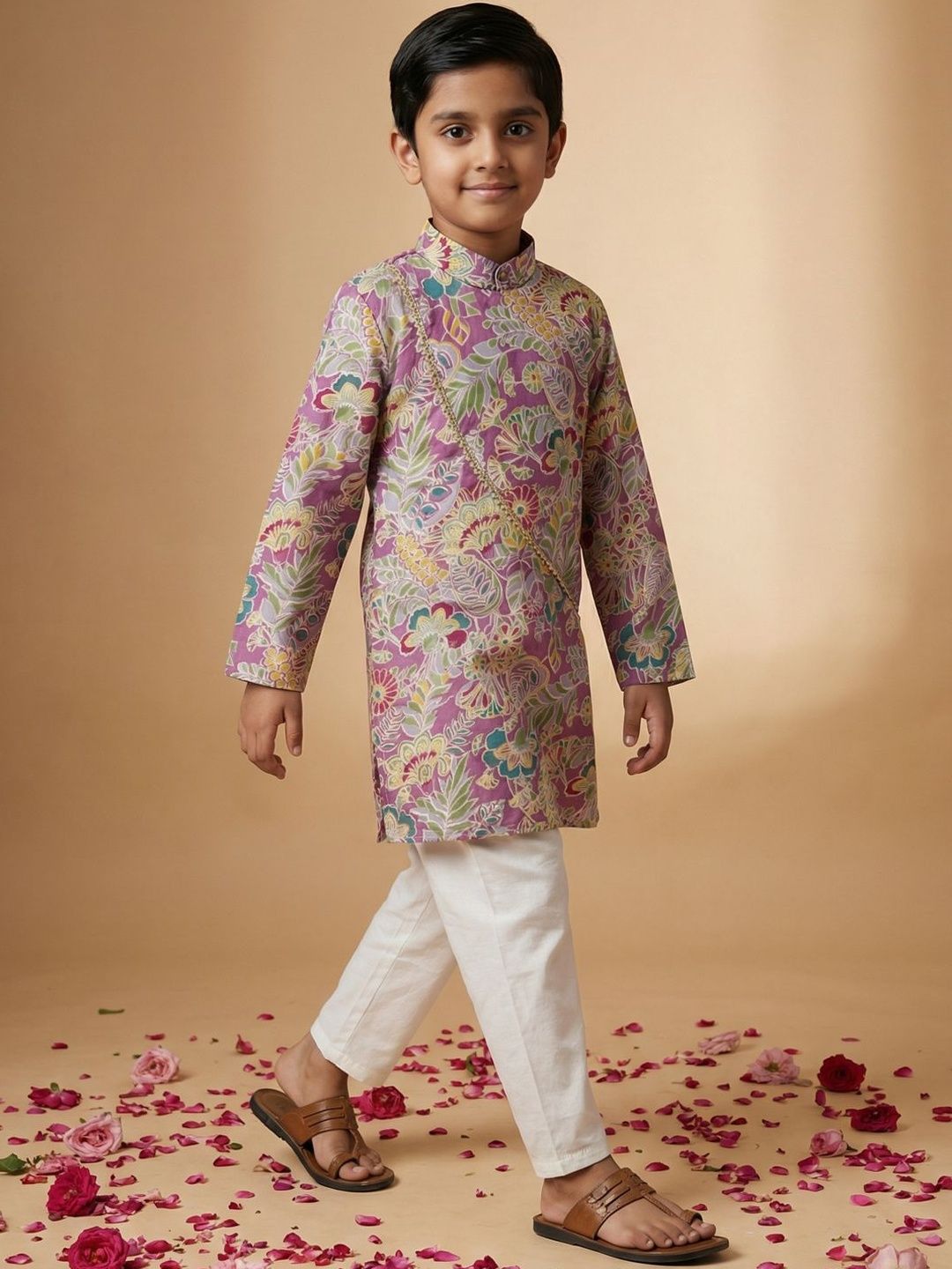 Readiprint Boys Floral Printed Angrakha Gotta Patti Pure Cotton Kurta with Pyjamas-picture-34