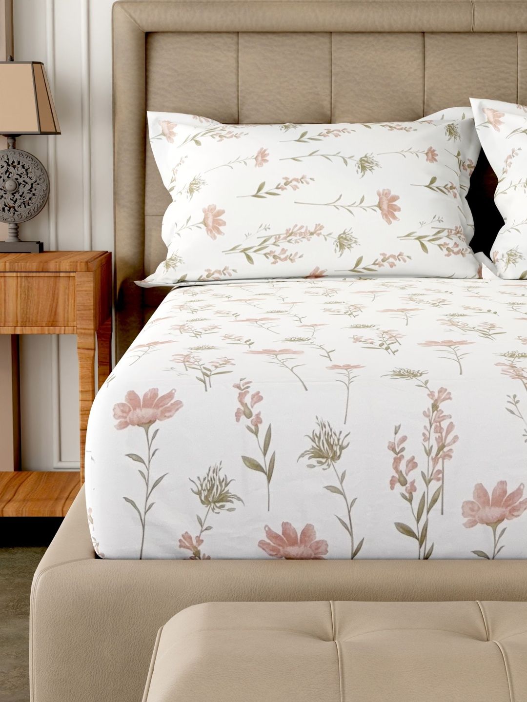 Pure Decor White Floral 180 TC King Bedsheet with 2 Pillow Covers-picture-5