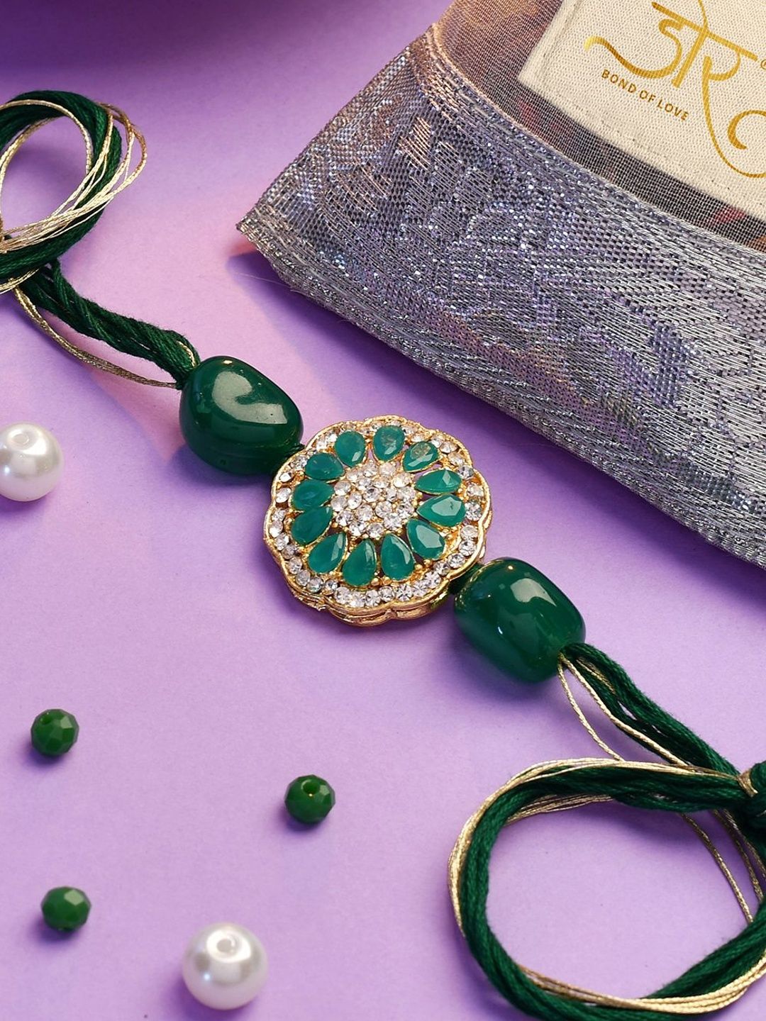 Dore Green Kundan Stone Rakhi with Crystal Detailing-picture-15