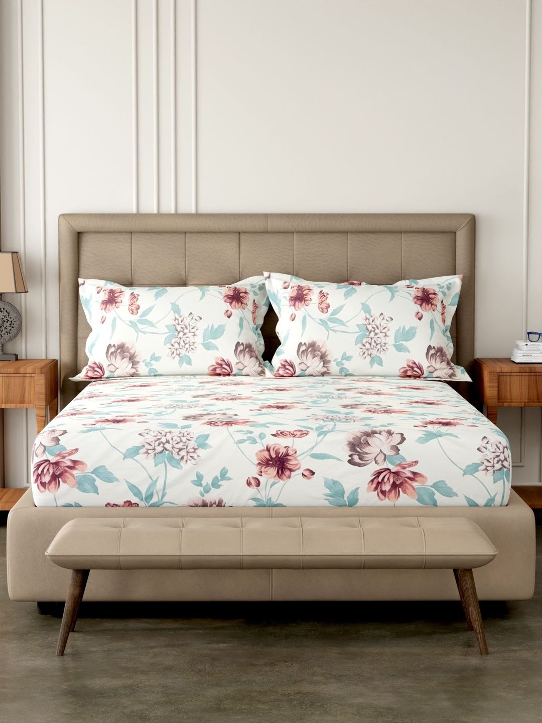 Pure Decor White Floral 180 TC King Bedsheet with 2 Pillow Covers-picture-32