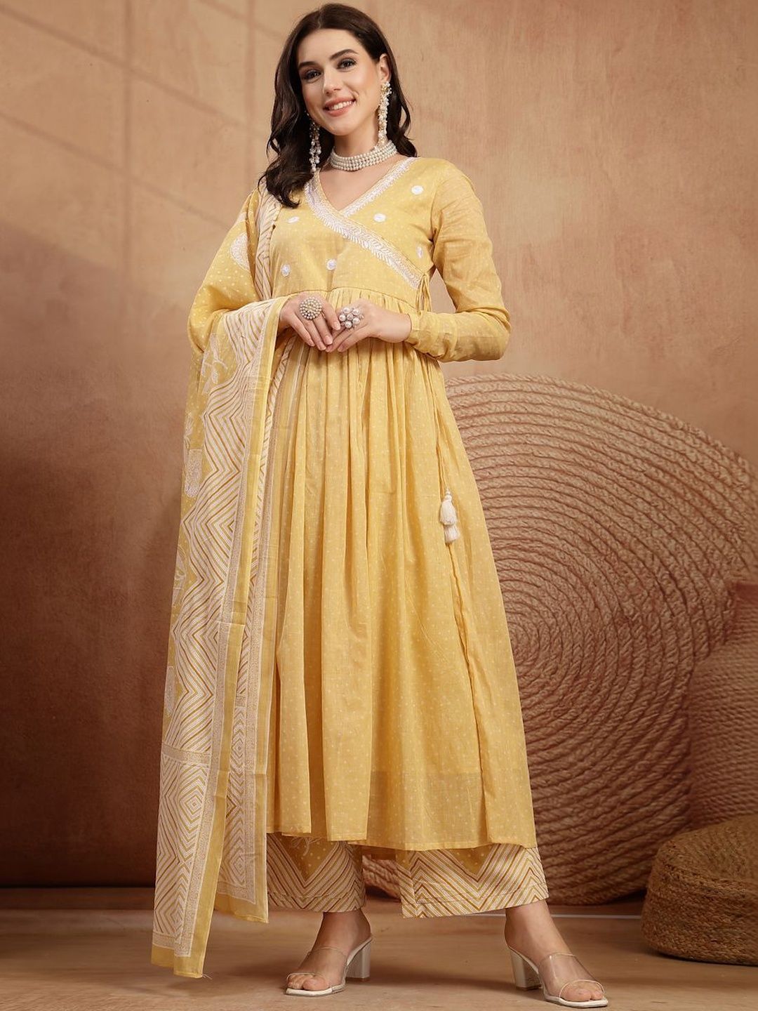 KIMAYRA Women Ethnic Motifs Printed Angrakha Pure Cotton Kurta with Palazzos & With Dupatta-image-43