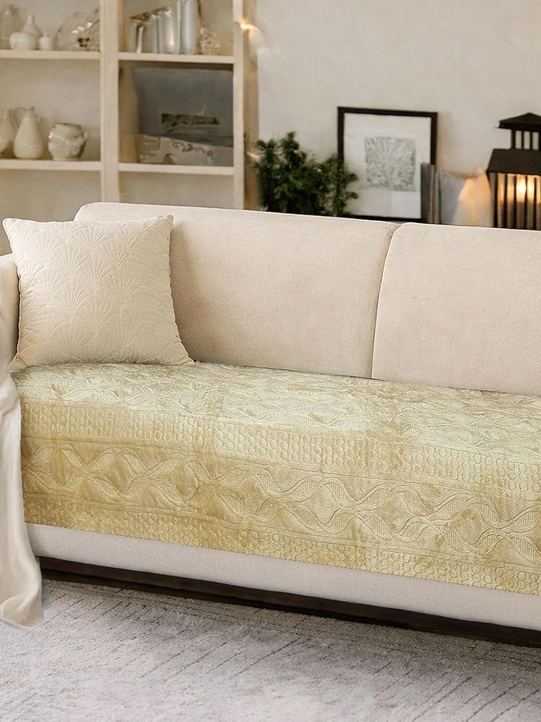 Cortina Beige & Cream-Coloured Embroidered 1 Piece Sofa Cover Without Arms-picture-17