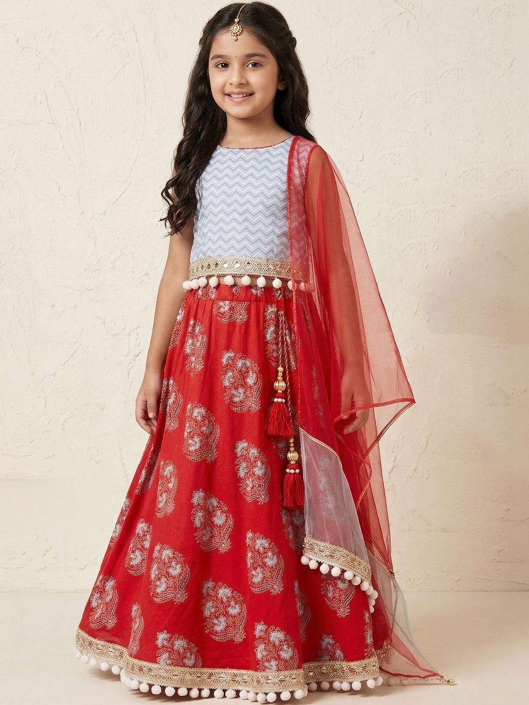 Pspeaches Girls Sky Blue And Red Motif Cotton Lehenga Choli Dupatta Set-image-29