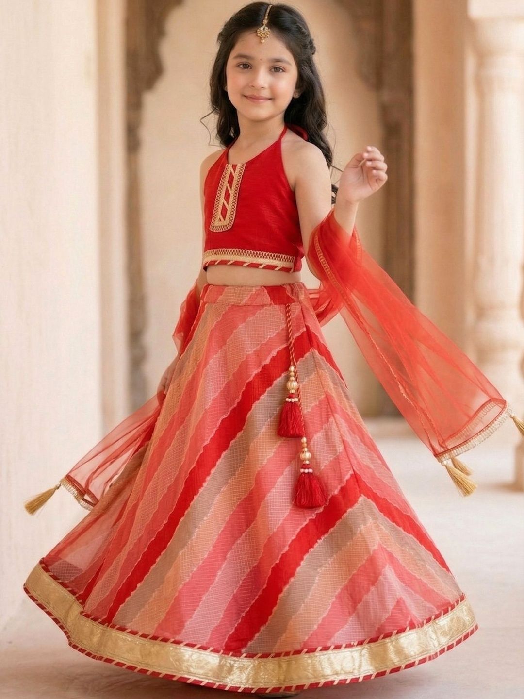 Pspeaches Girls Red Leheriya Kota Print Lehenga & Choli With Dupatta-image-12