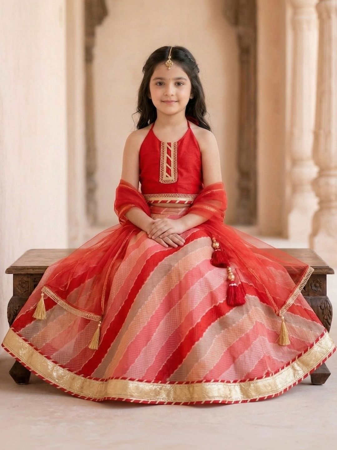 Pspeaches Girls Red Leheriya Kota Lehenga Choli Dupatta Set-image-9