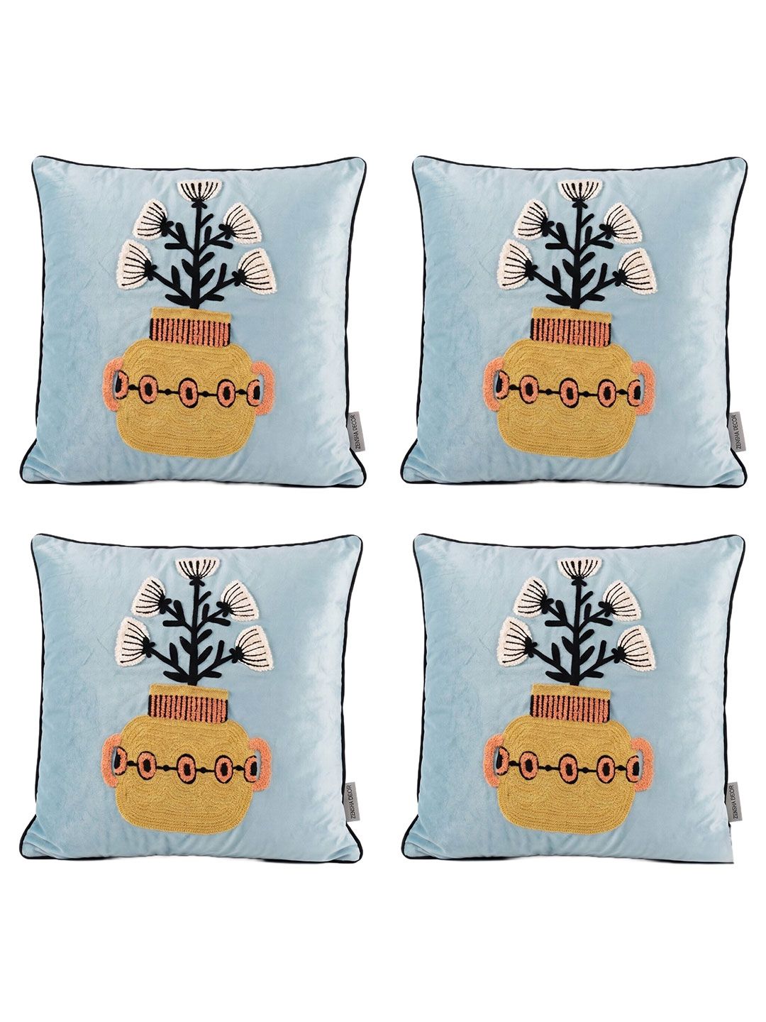 ZENSHA DECOR Blue Set of 4 Embroidered Square Cushion Covers-picture-21