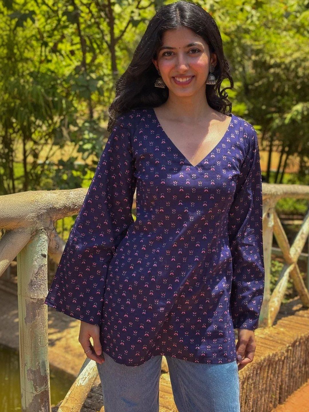Tanoti Ethnic Motifs Printed V-Neck Flared Sleeves Pure Cotton Blend Kurti-picture-15