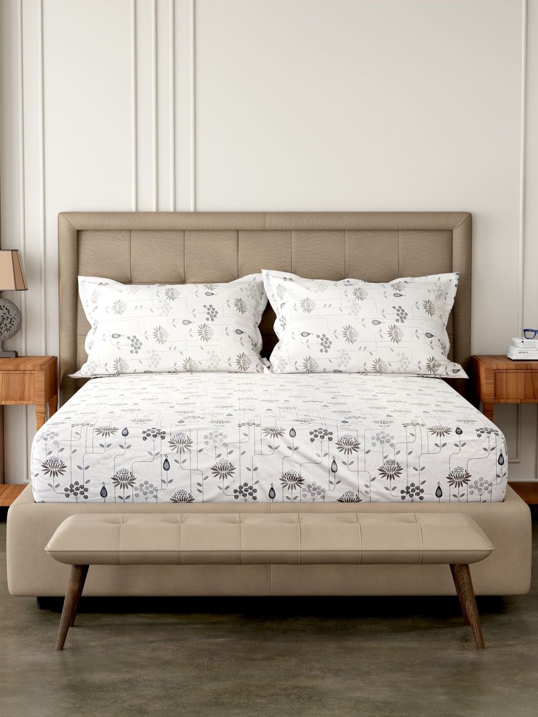 Pure Decor White Floral 180 TC King Bedsheet with 2 Pillow Covers-picture-4