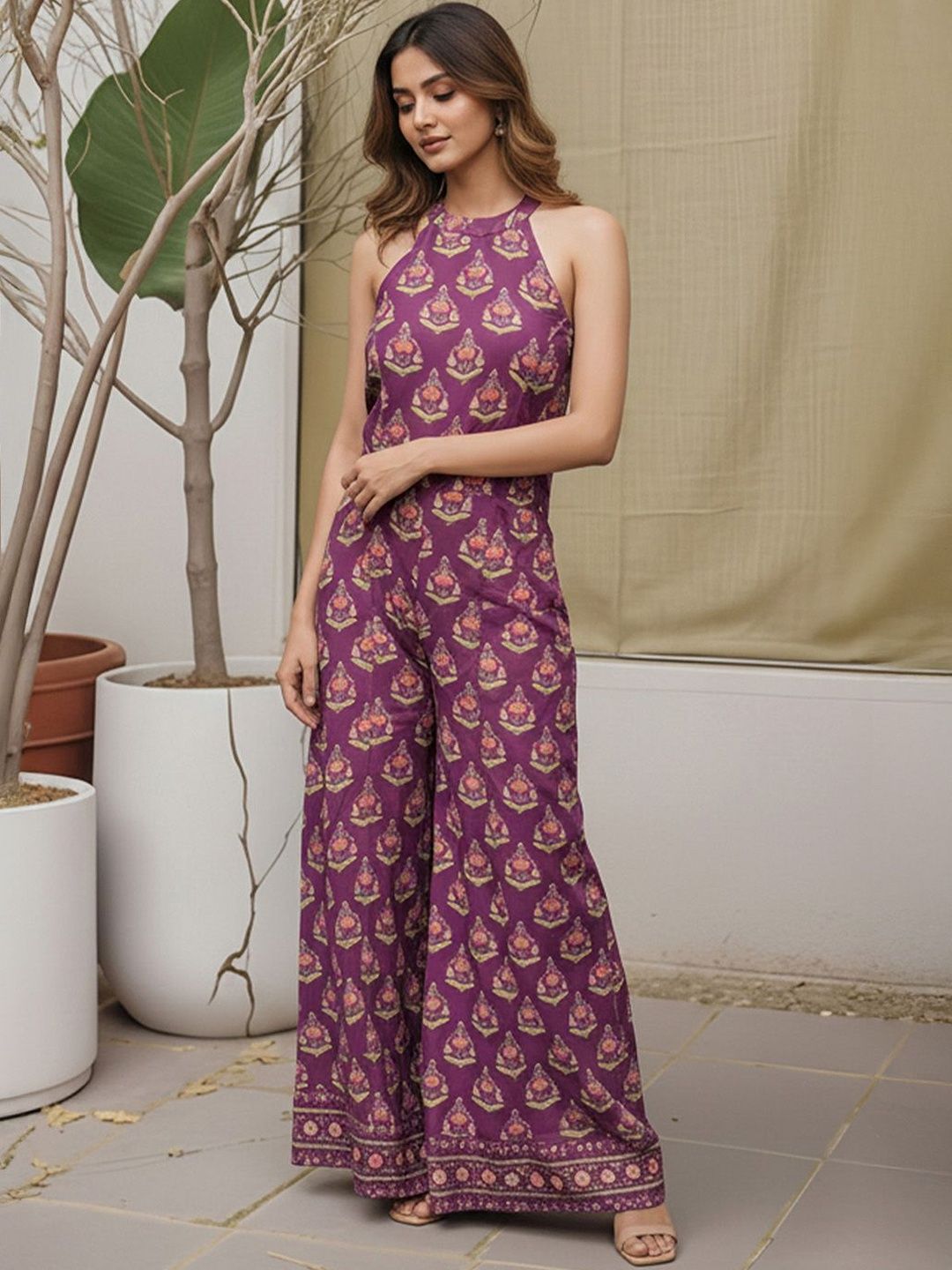fusion by glitchez Halter Neck Printed Basic Jumpsuit with Embroidered-picture-18