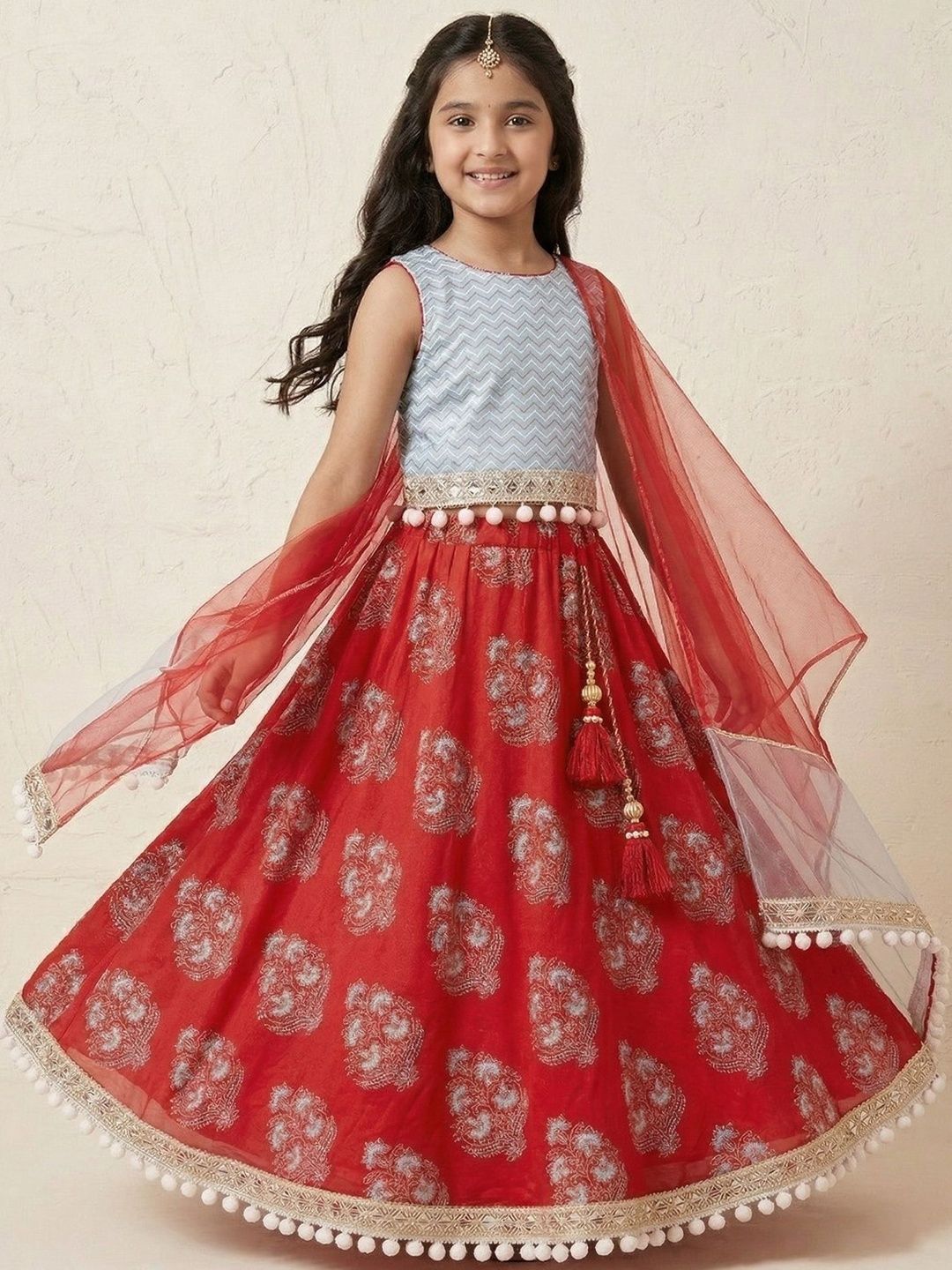 Pspeaches Girls Sky Blue And Red Motif Cotton Lehenga Choli Dupatta Set-image-11