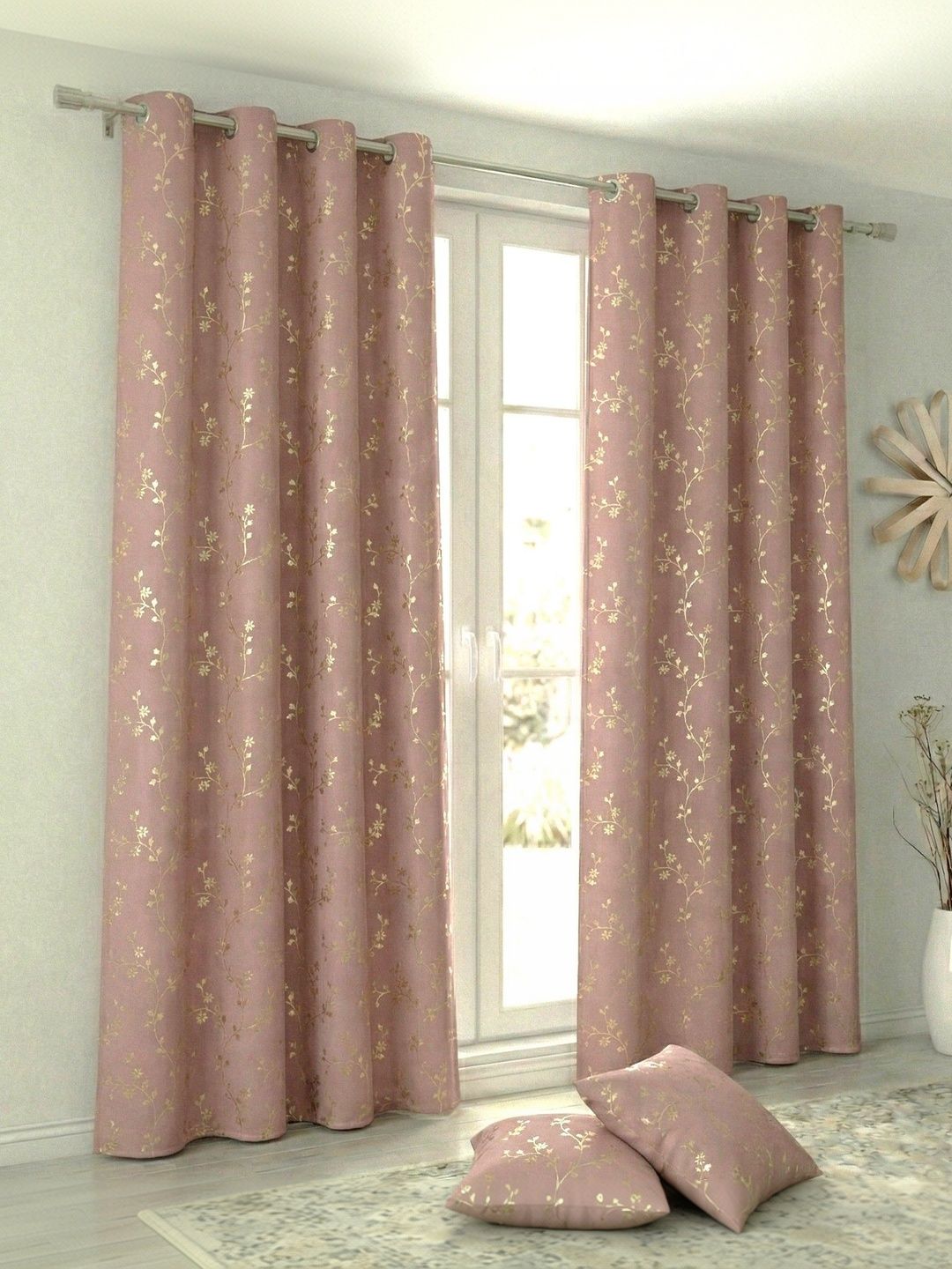 Home Spark Rose Gold Set of 2 Floral Room Darkening Long Door Curtain-image-17