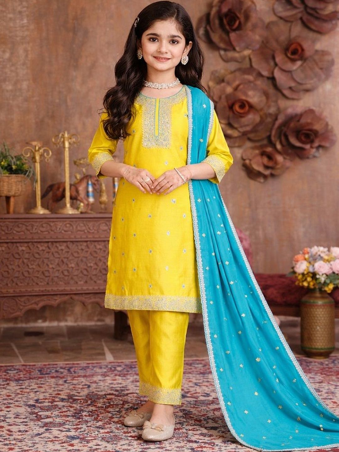 KALINI Girls Ethnic Motifs Embroidered Regular Thread Work Kurta with Salwar & With Dupatta-picture-20