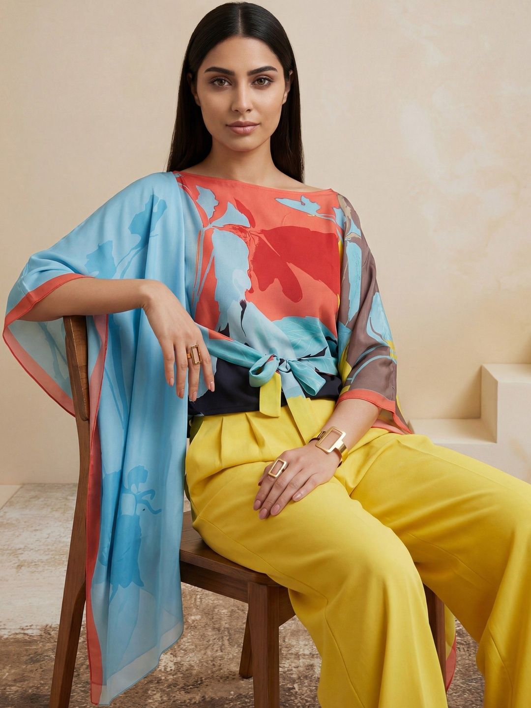 Satya Paul Floral Print Kimono Sleeve Crepe Kaftan Top-image-38