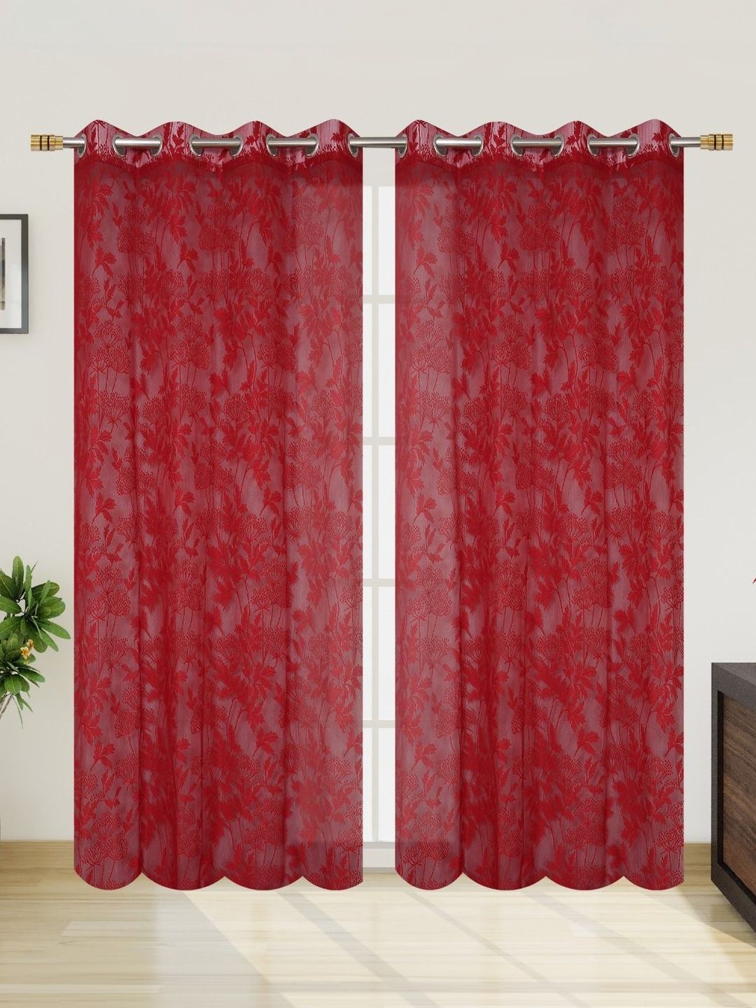 B' Decorlish Maroon Set of 2 Floral Sheer Window Curtain-picture-34