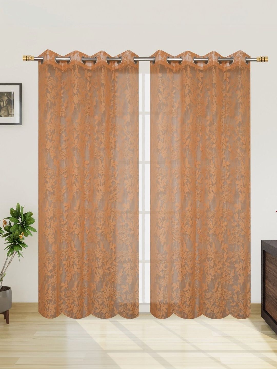 Vervique Brown Set of 2 Floral Sheer Window Curtain-image-49