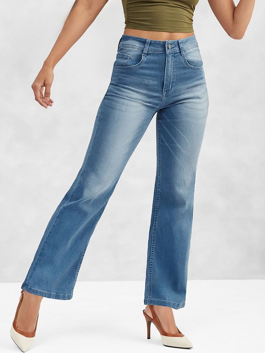Mast & Harbour Women Wide Leg Mid-Rise Light Fade Stretchable Jeans-picture-53
