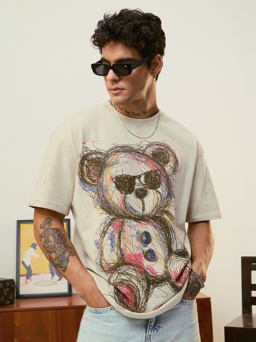 The Souled Store Men Oversized Fit Printed Off White T-Shirts-image-7