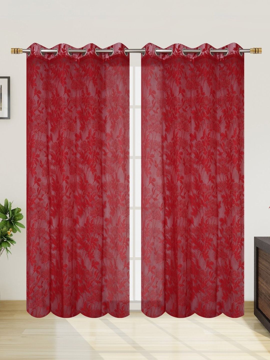 Vervique Maroon Floral Sheer Window Curtain-image-11