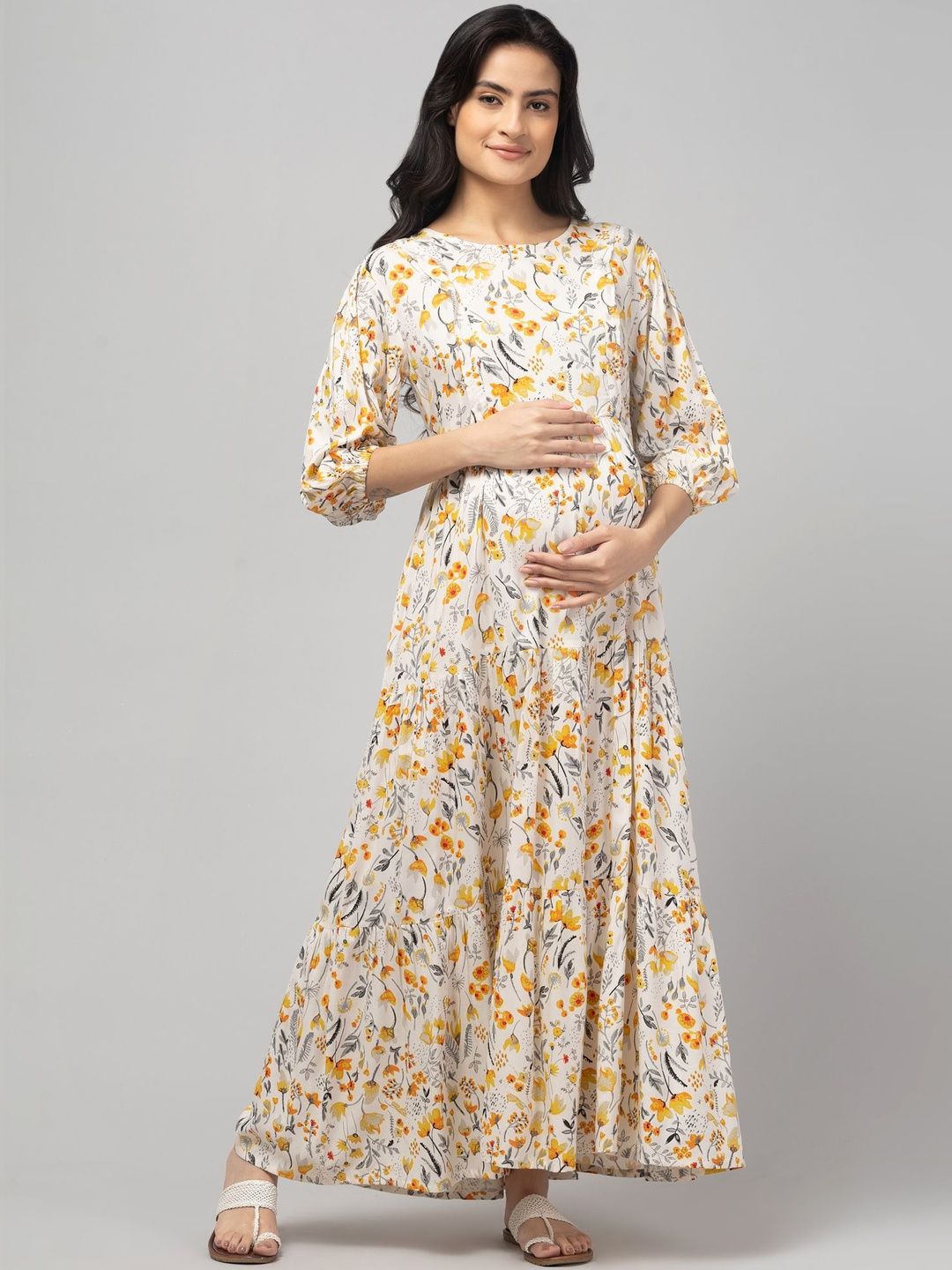 POIESIS Floral Print Puff Sleeve Maternity Fit & Flare Maxi Dress-picture-55