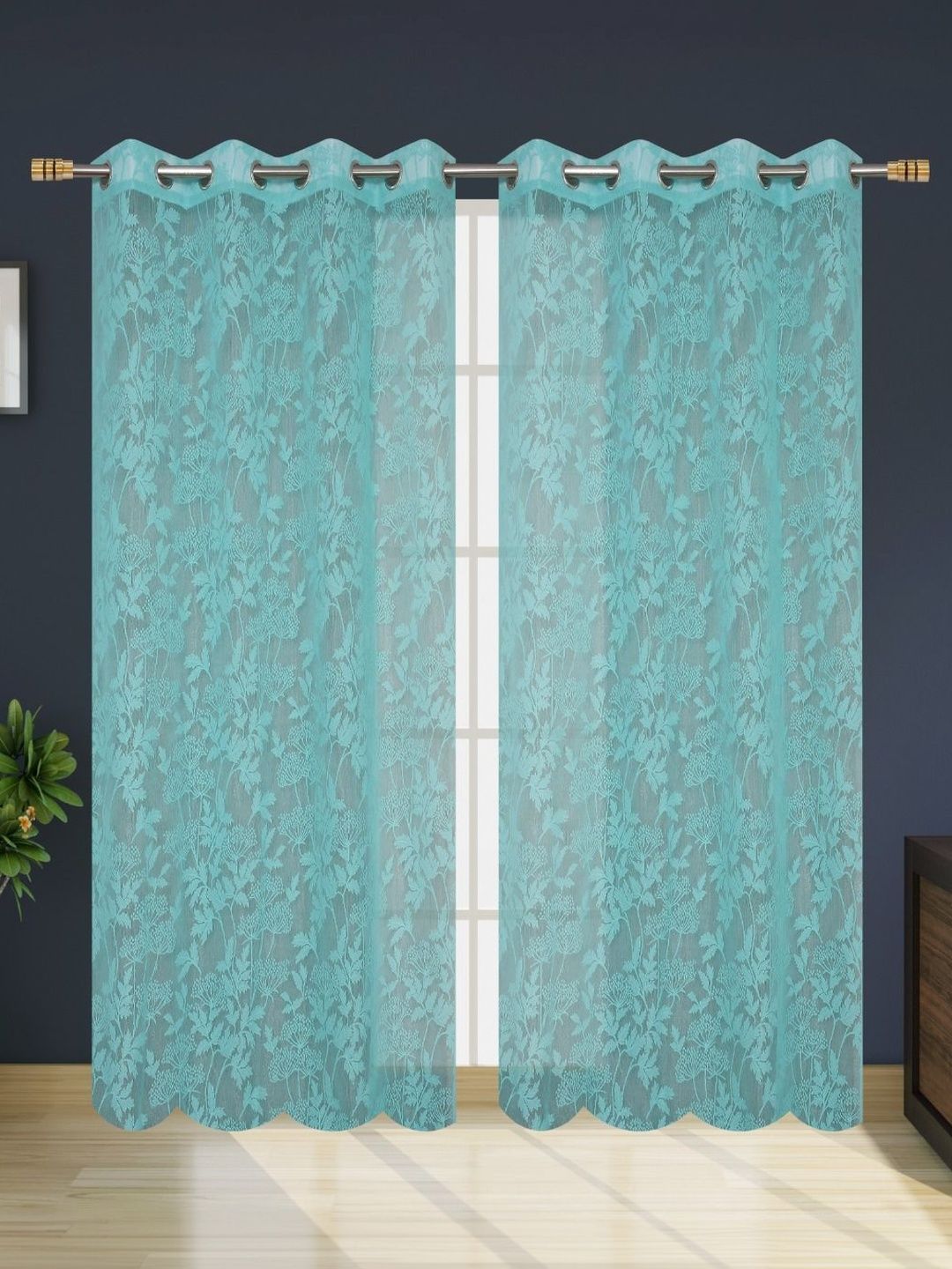 Vervique Turquoise Blue Floral Sheer Window Curtain-image-41