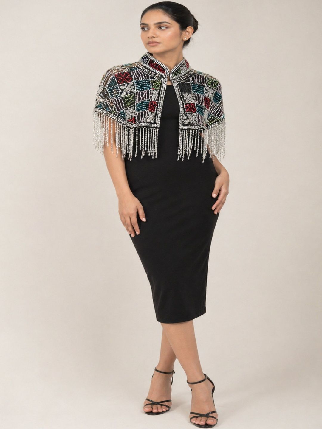 HAUTEMODA Women Printed Party Embellished Crop Monochrome Shrug-picture-27