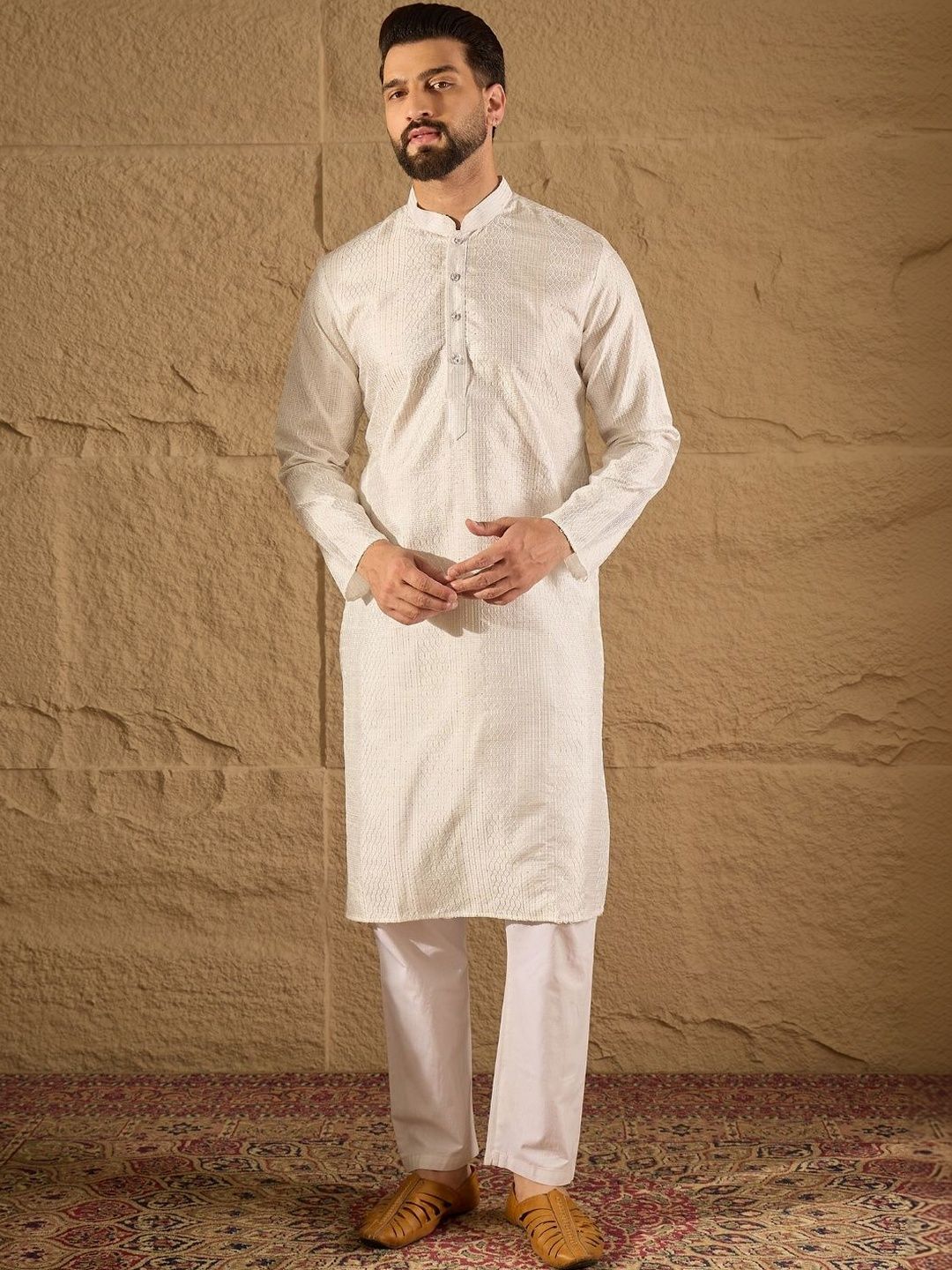 House of Pataudi Embroidered Mandarin Collar Calf Length Straight Kurta-picture-31