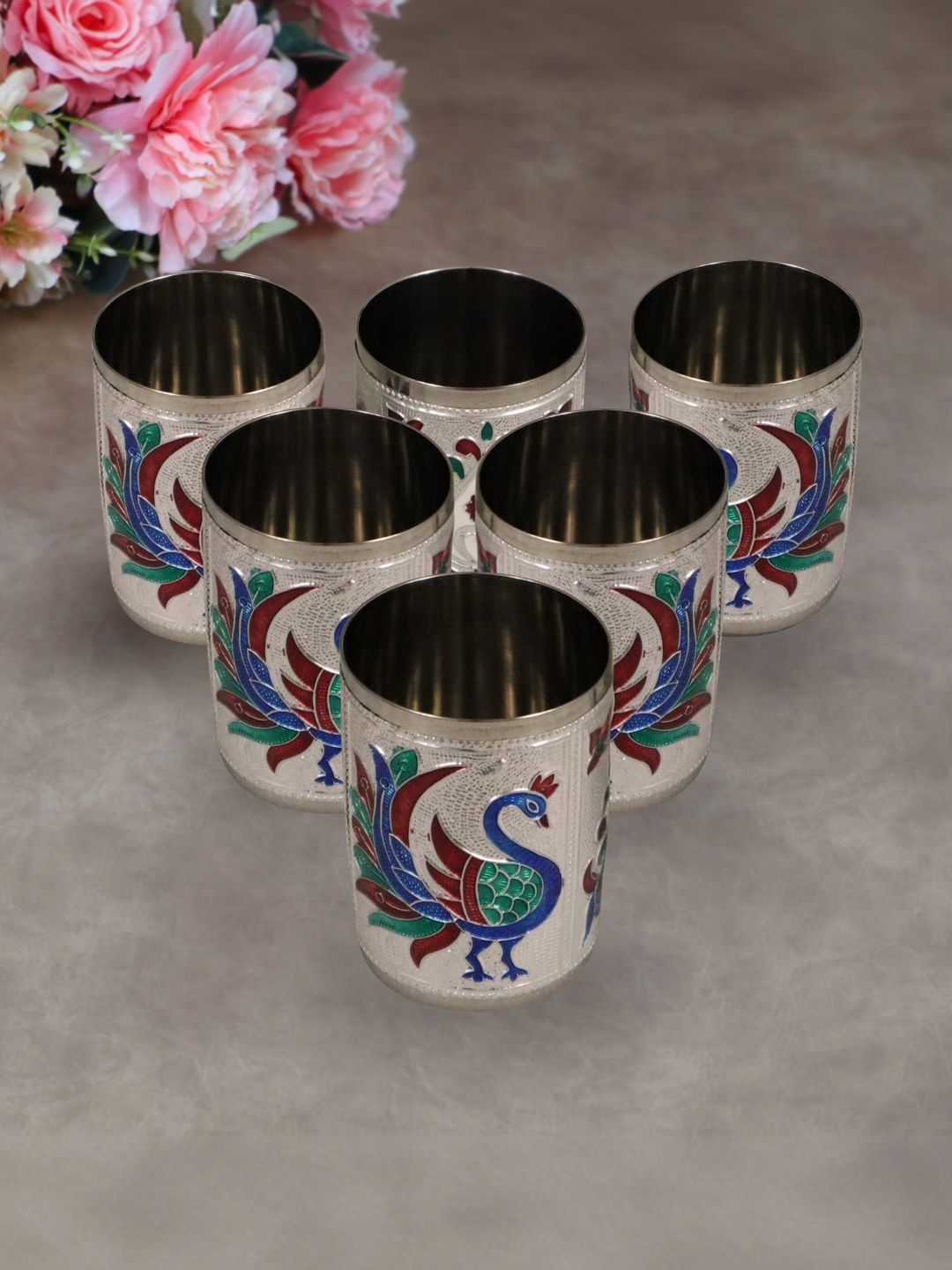 GIFTGUYS Silver-Toned 6 Hand-Painted Stainless Steel Water Glass-image-21