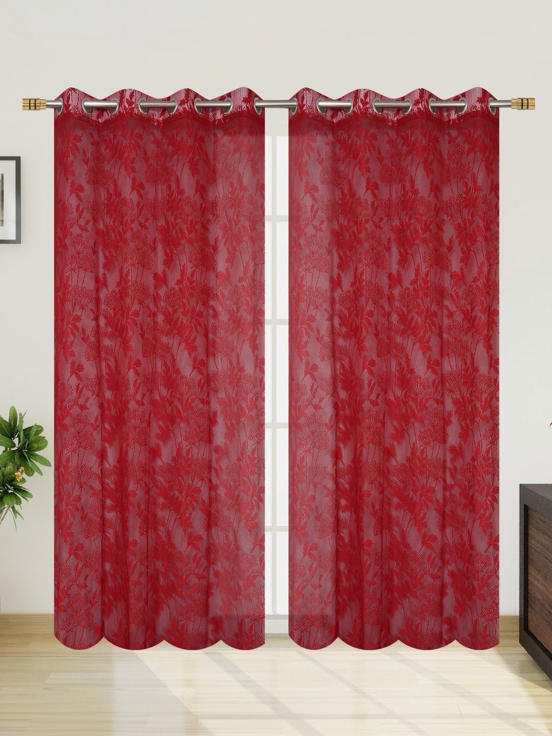 Vervique Maroon Set of 2 Floral Sheer Window Curtain-image-47