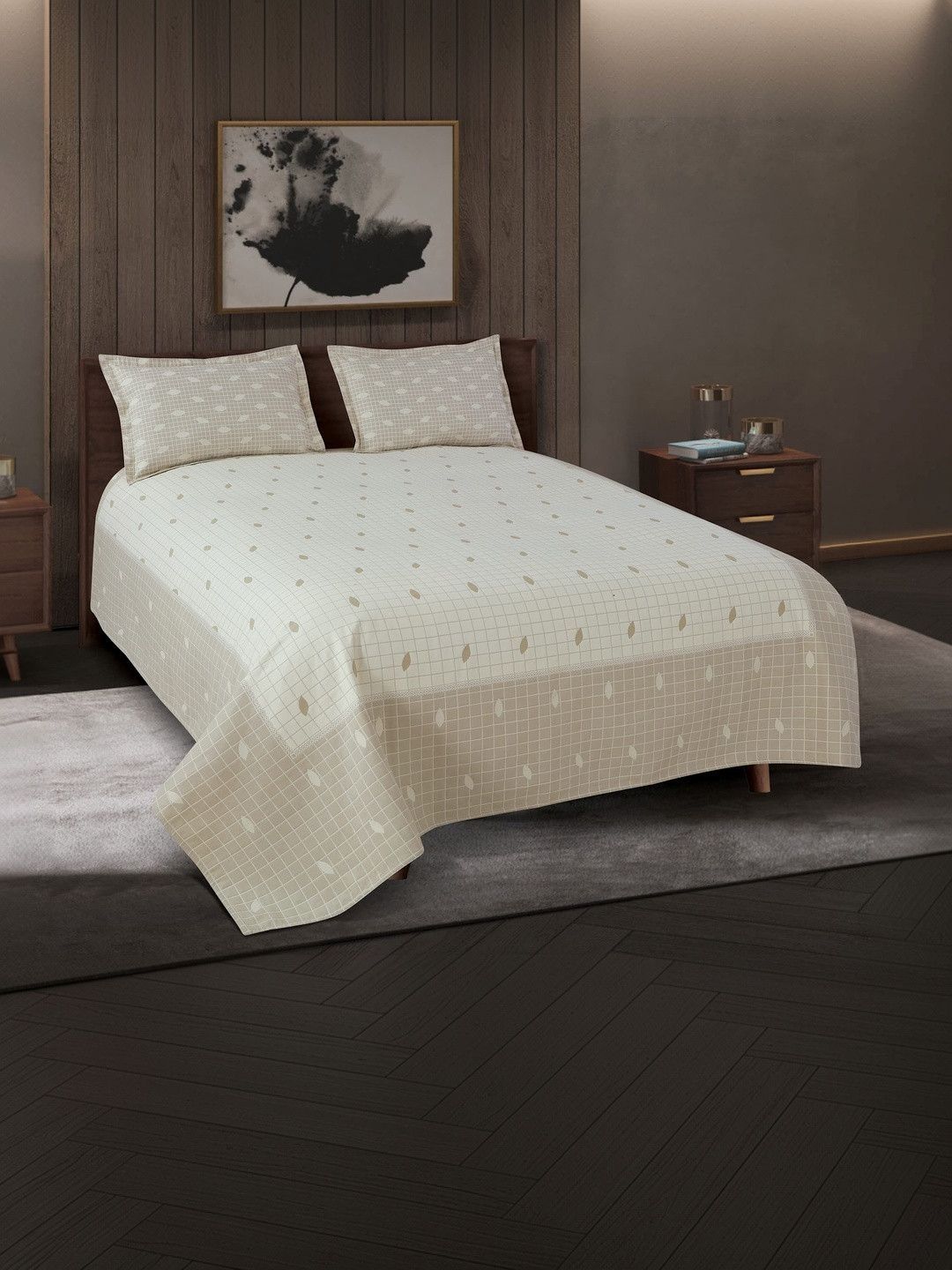 Victor Beige Checked Cotton Double Bed - King Bed Covers-picture-47