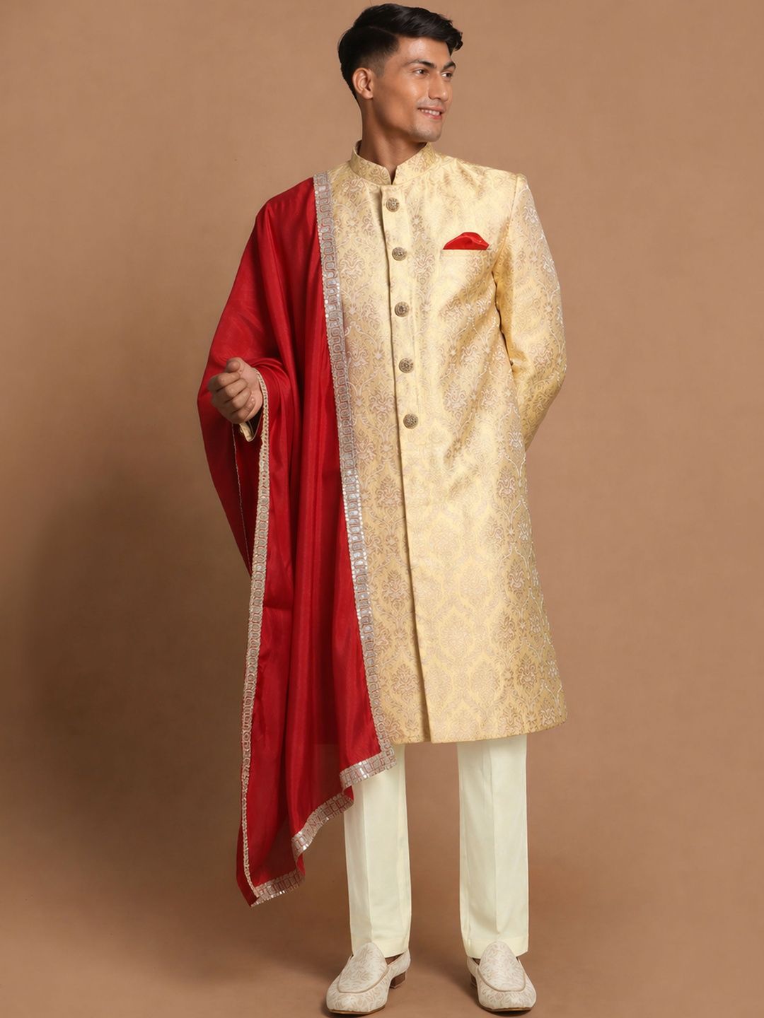 VASTRAMAY Woven Design Mandarin Collar Sherwani Set-image-38